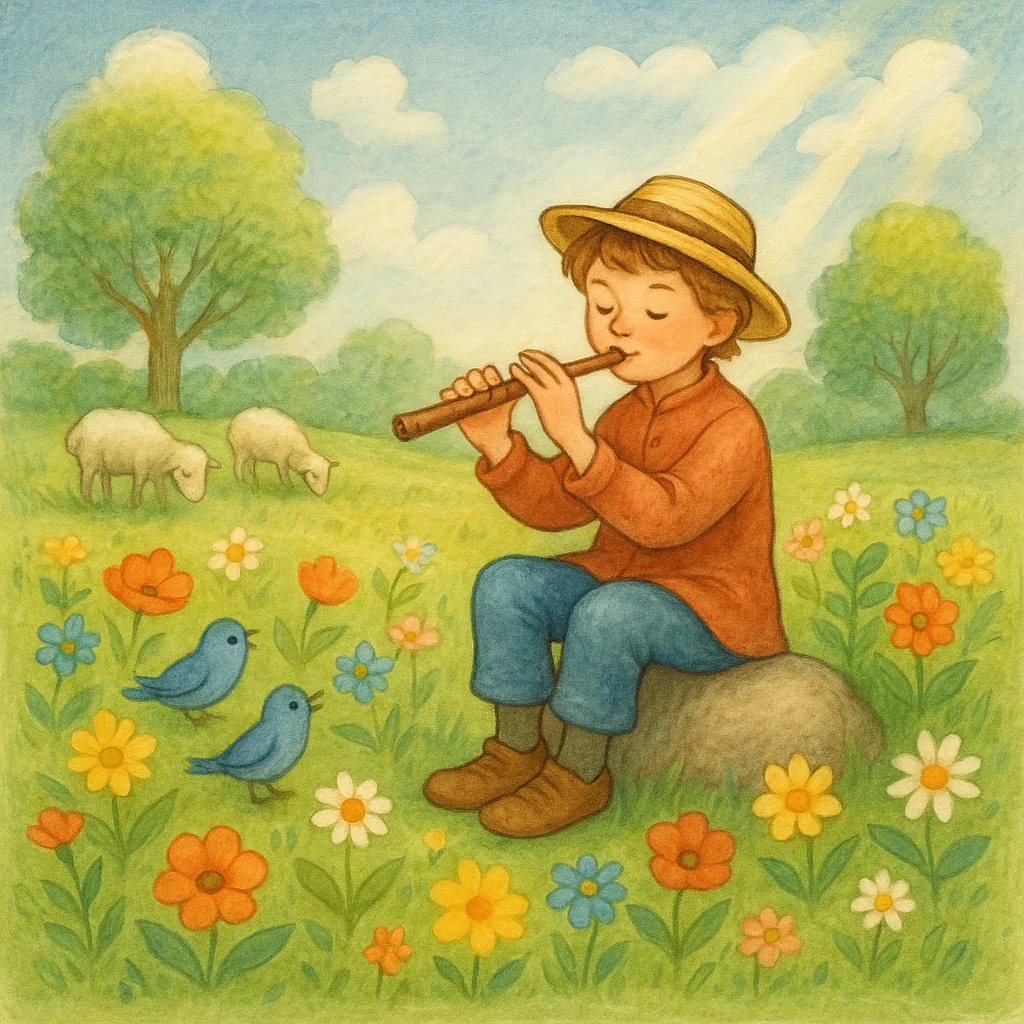 Ein Hirte mit Strohhut sitzt auf einer Frühlingswiese und spielt auf einer Schalmei, umgeben von blühenden Blumen, Vögeln und grasenden Schafen; die Szene ist fröhlich und naturverbunden.