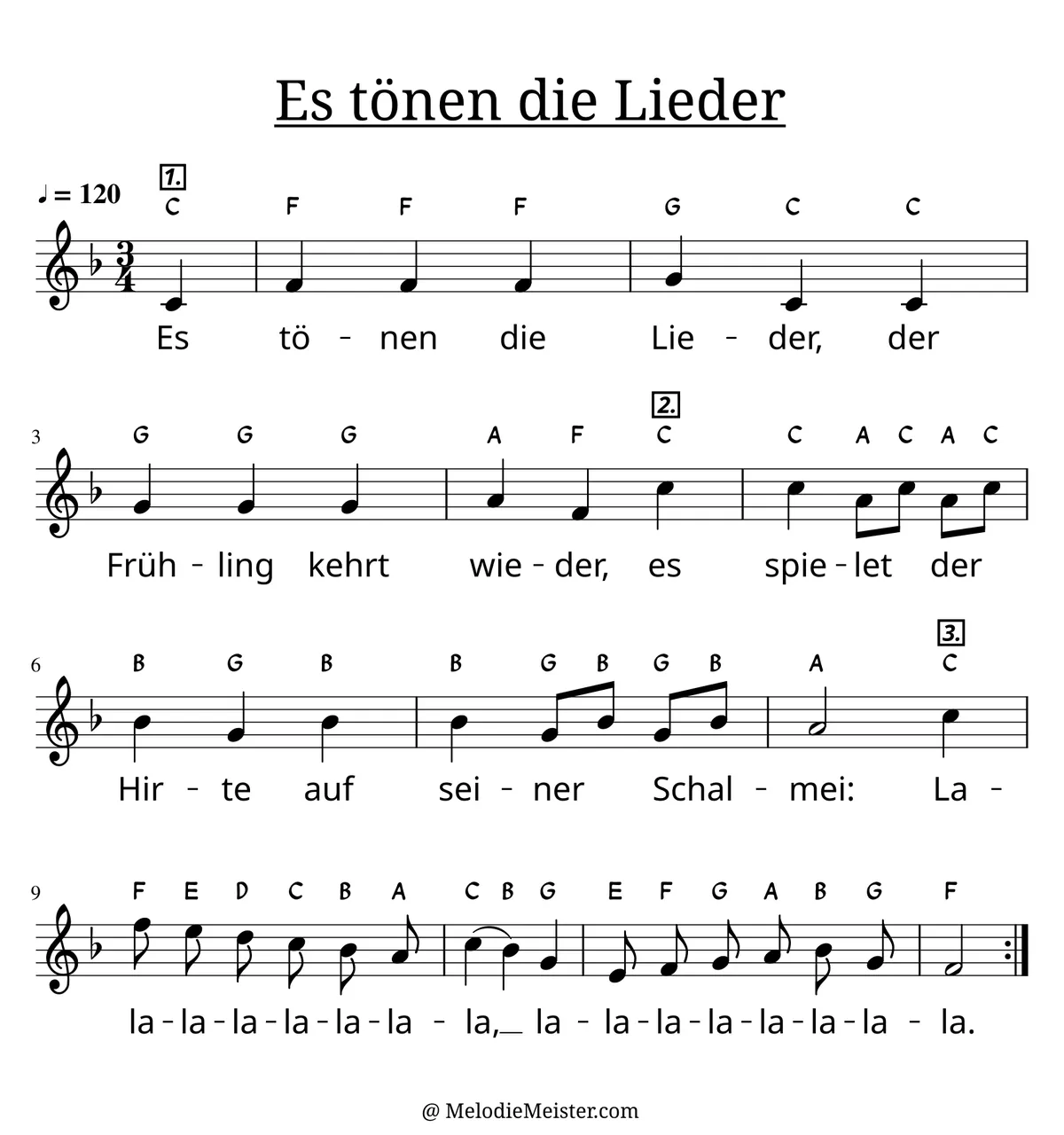 Notenblatt „Es tönen die Lieder (Kanon)“. Einstimmige Melodie im Violinschlüssel, F-Dur, 3/4-Takt, mit der 1. Strophe des Liedtextes.