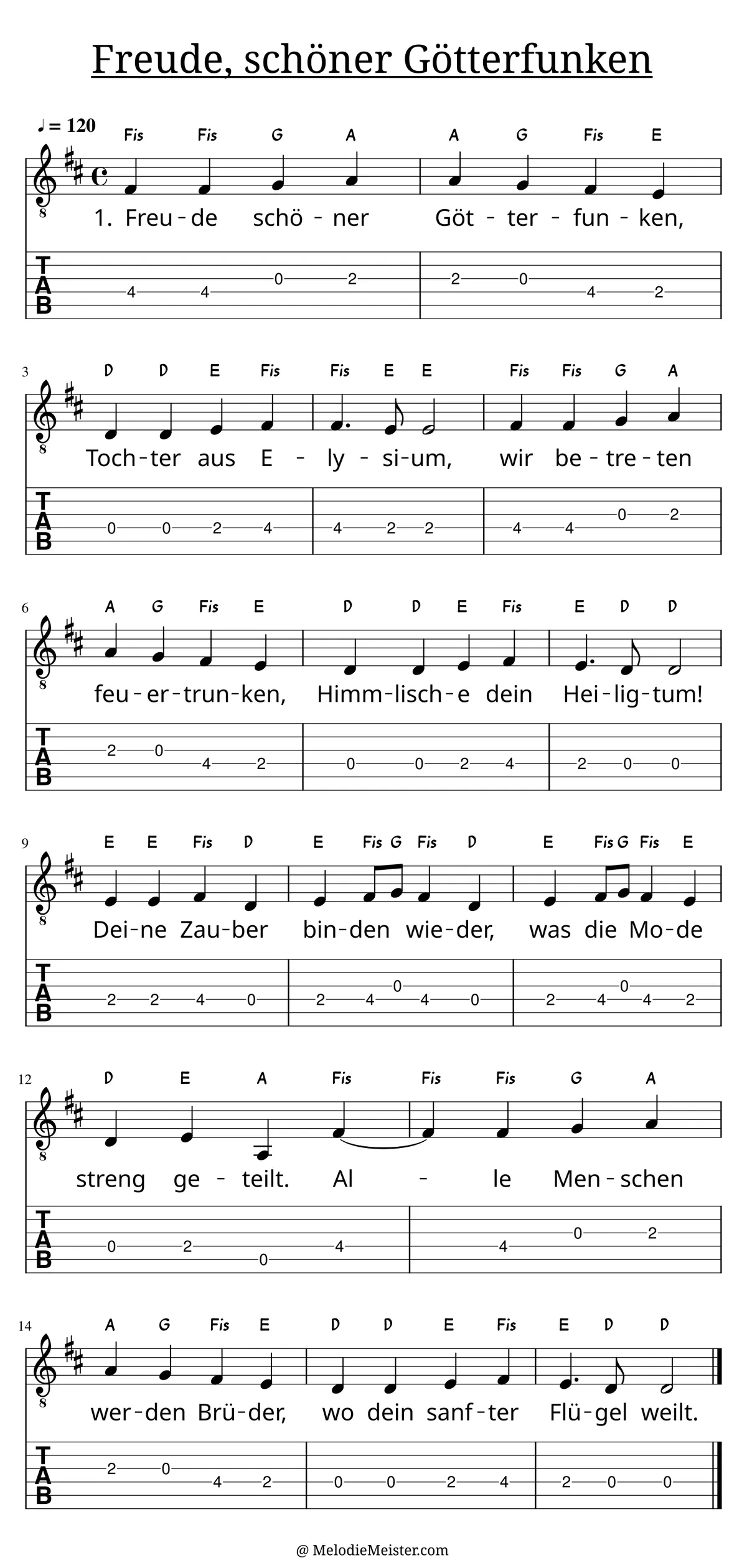 Freude, schöner Götterfunken - Ode An die Freude – Noten für Gitarre mit Tabulatur und Text zum KEINE, geeignet für Anfänger