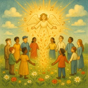 Menschen verschiedener Herkunft stehen Hand in Hand auf einer blühenden Wiese im Kreis, im Zentrum schwebt ein strahlender Engel, Licht und Musiknoten erfüllen die Szene, die Freude und Gemeinschaft ausstrahlt.