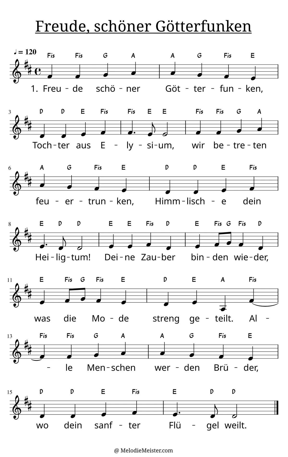 Notenblatt „Freude, schöner Götterfunken - Ode An die Freude“. Einstimmige Melodie im Violinschlüssel, D-Dur, 4/4-Takt, mit der 1. Strophe des Liedtextes.