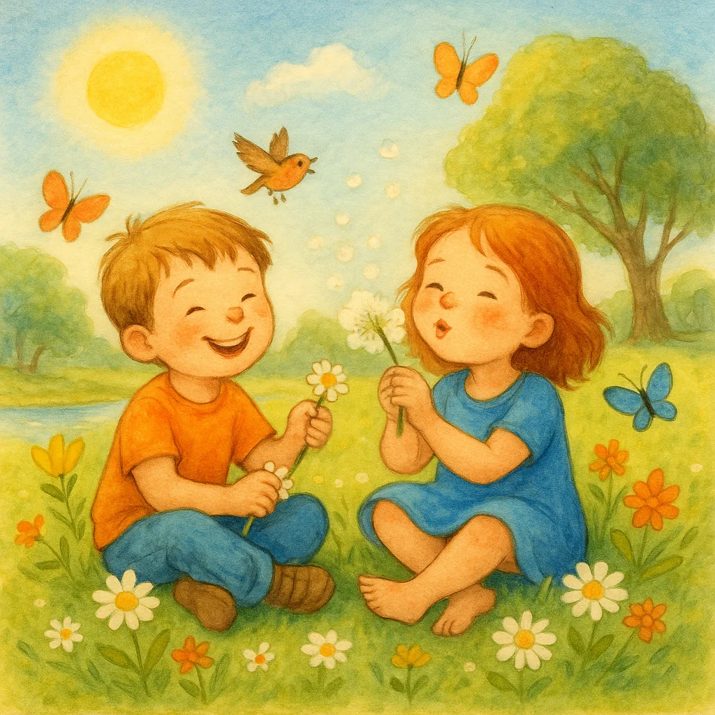 Zwei fröhliche Kinder sitzen lachend auf einer bunten Sommerwiese, pusten Pusteblumen, Schmetterlinge tanzen um sie herum, die Szene ist leicht und voller Lebensfreude.