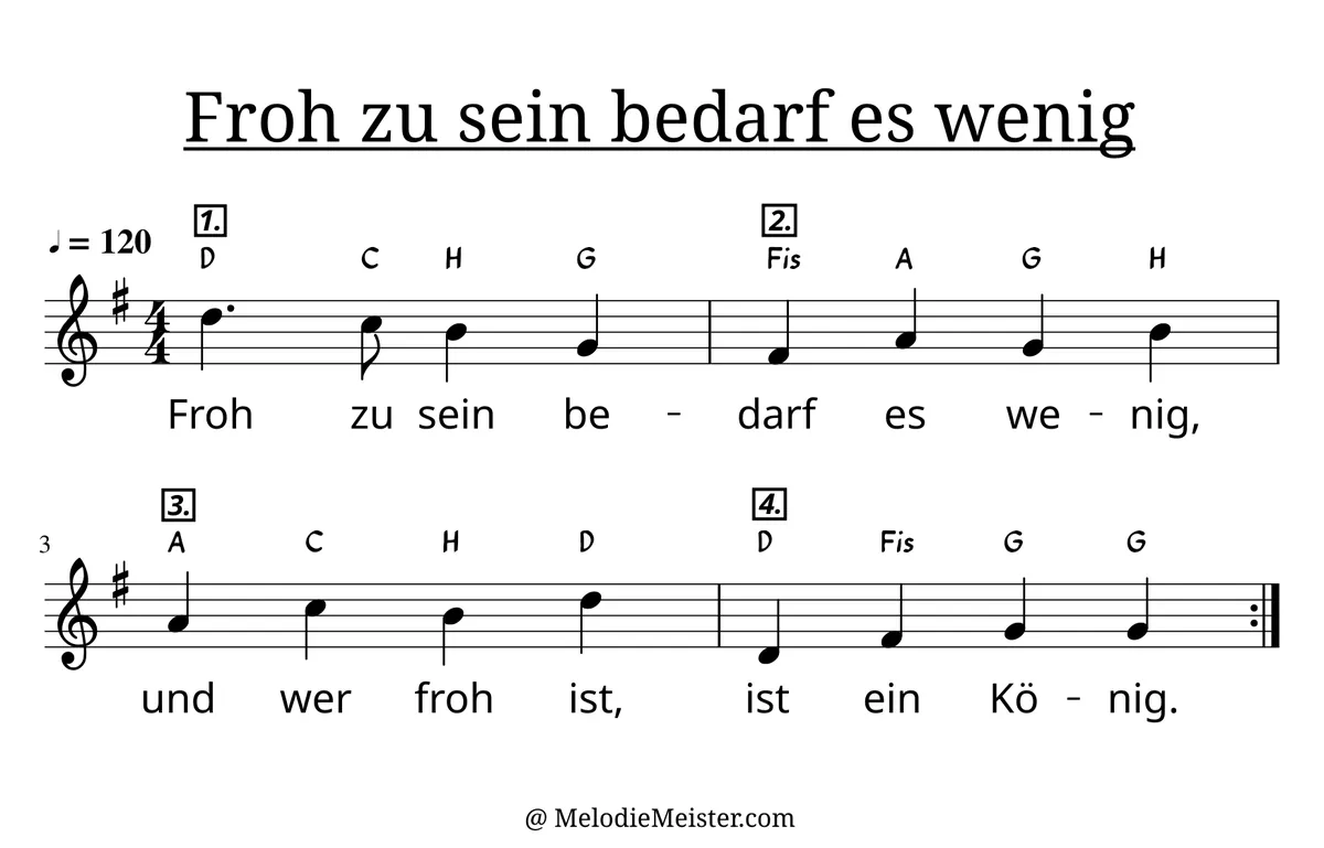 Notenblatt „Froh zu sein bedarf es wenig (Kanon)“. Einstimmige Melodie im Violinschlüssel, G-Dur, 4/4-Takt, mit der 1. Strophe des Liedtextes.