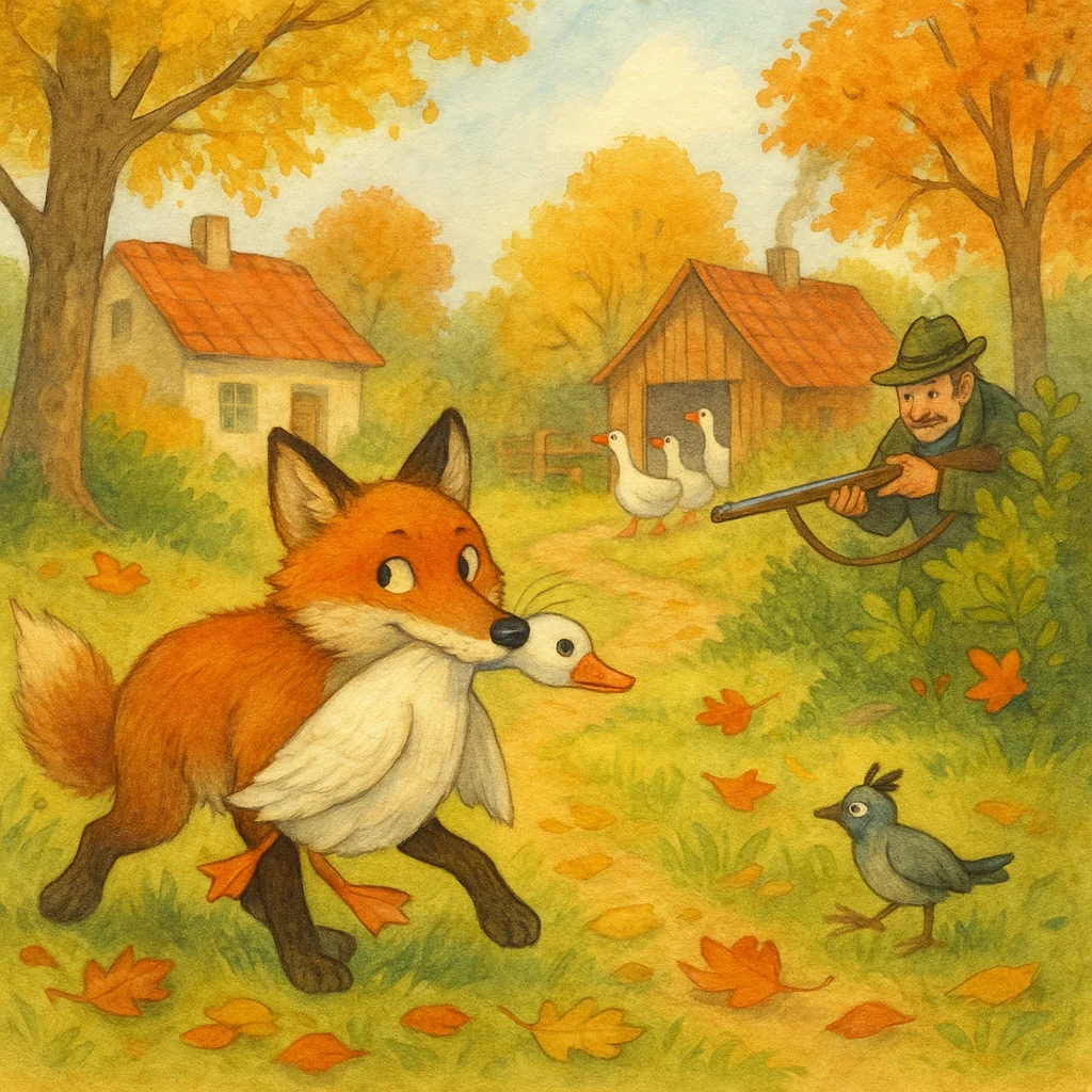 Ein Fuchs schleicht am Waldrand mit einer Gans im Maul, während im Hintergrund ein Jäger mit Gewehr lauert und Gänse aufgeregt am Bauernhof schnattern; die Szene wirkt schelmisch und lebendig.