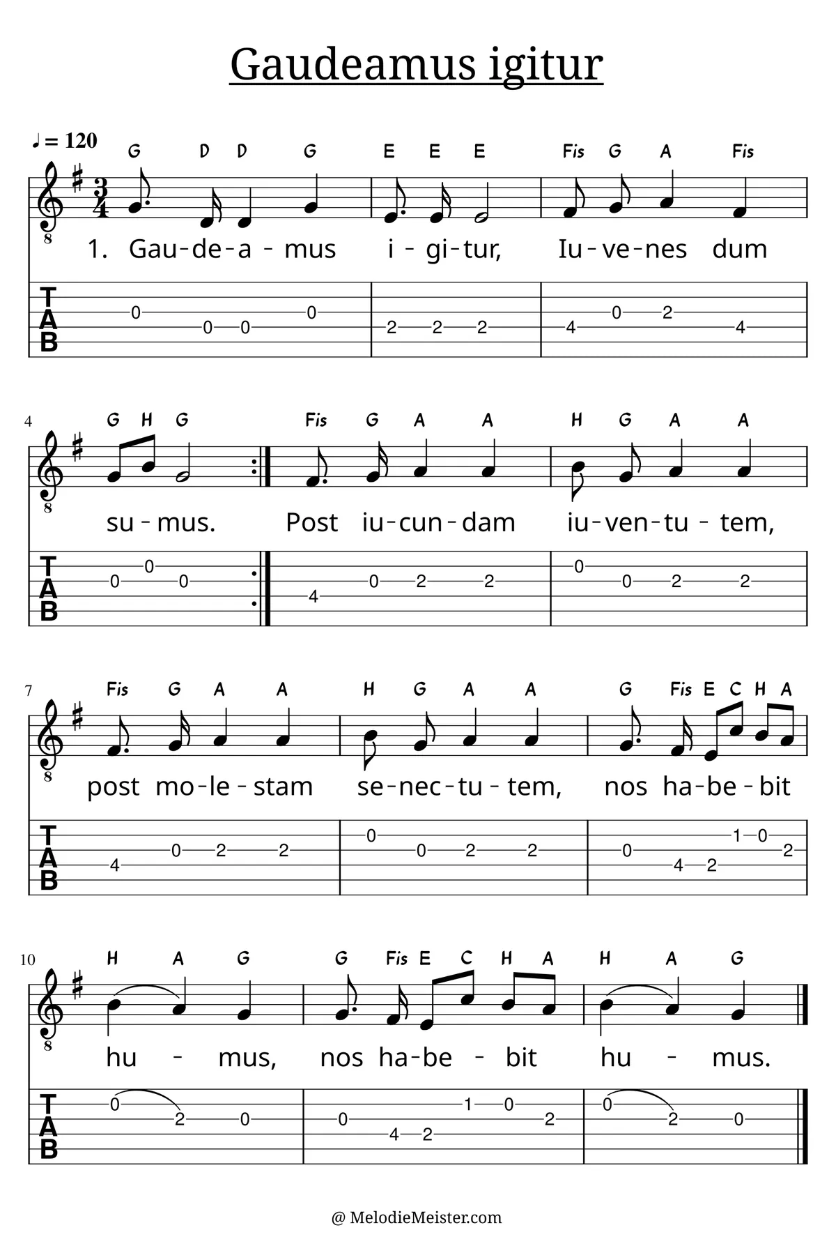 Gaudeamus igitur – Noten für Gitarre mit Tabulatur und Text zum KEINE, geeignet für Anfänger