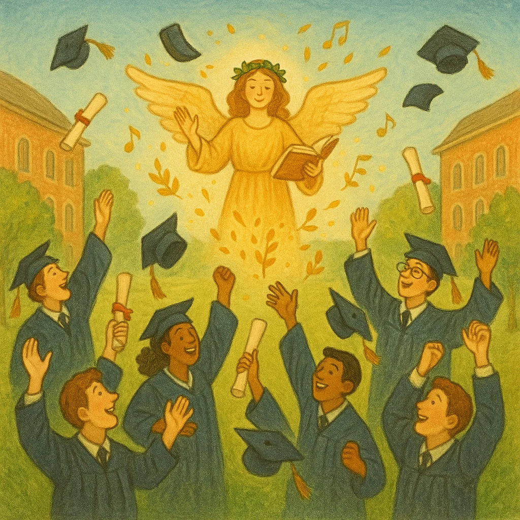 Studierende in blauen Talaren feiern auf einem sonnigen Campus, werfen Hüte und Diplome, eine leuchtende Figur mit Flügeln und Buch schwebt über ihnen. Die Szene wirkt fröhlich und akademisch.