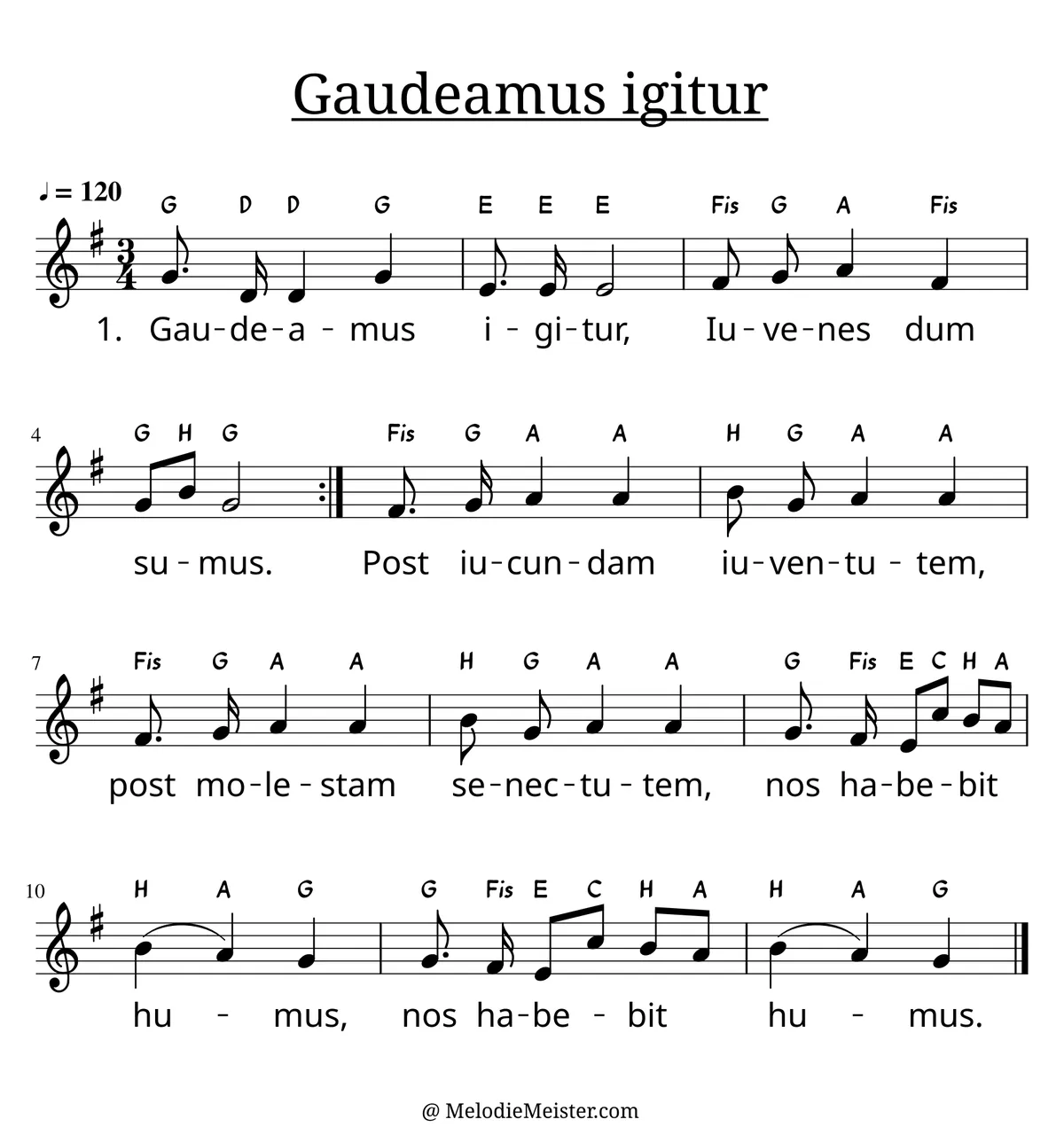 Notenblatt „Gaudeamus igitur“. Einstimmige Melodie im Violinschlüssel, G-Dur, 3/4-Takt, mit der 1. Strophe des Liedtextes.