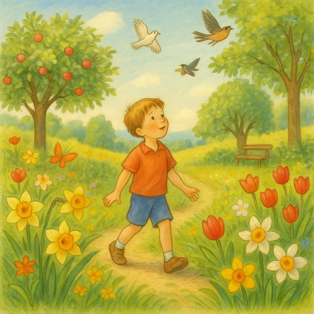 Ein Kind spaziert durch einen blühenden Sommergarten, bunte Blumen und grüne Bäume umgeben es, Vögel und Schmetterlinge beleben die Szene; die Stimmung ist voller Staunen und Freude.