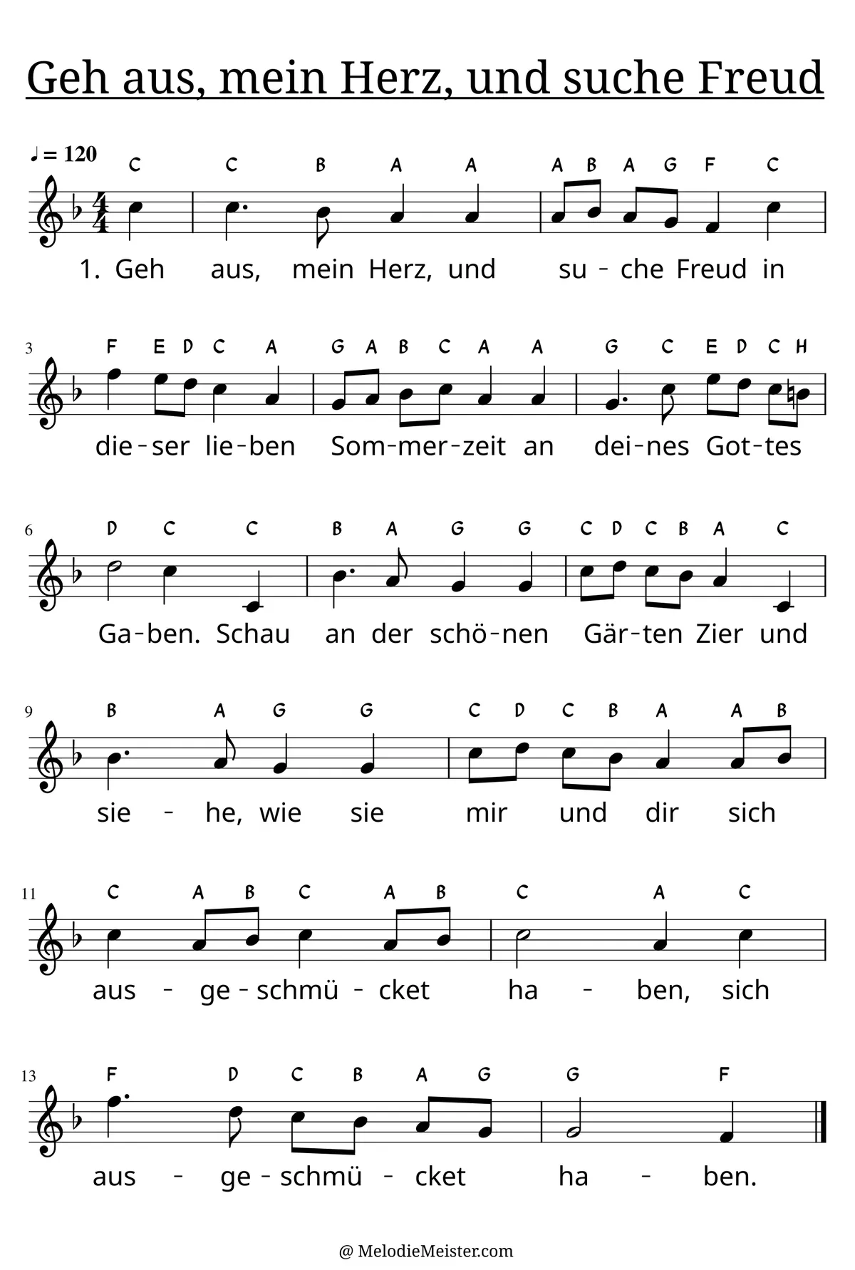 Notenblatt „Geh aus, mein Herz, und suche Freud“. Einstimmige Melodie im Violinschlüssel, F-Dur, 4/4-Takt, mit der 1. Strophe des Liedtextes.