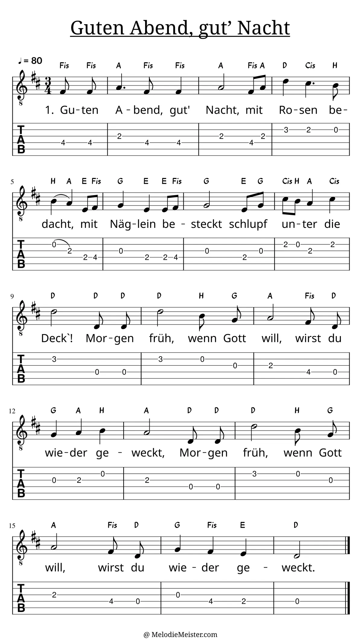 Guten Abend, gut’ Nacht – Noten für Gitarre mit Tabulatur und Text zum Schlaflied, geeignet für Anfänger