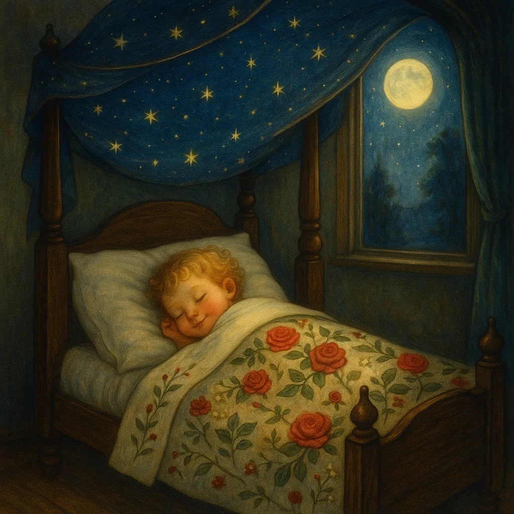 Ein kleines Kind schläft friedlich in einem Bett mit einer Decke, die mit Rosen und Nelken bestickt ist; Mondlicht fällt ins Zimmer, am Fenster sind Sterne am Nachthimmel zu sehen.