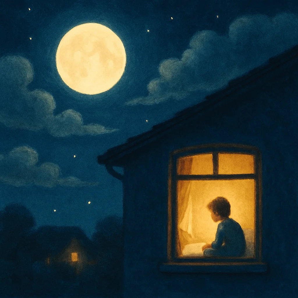 Ein heller, freundlicher Mond zieht durch den Nachthimmel mit sanften Abendwolken; sein Licht fällt in das Fenster eines kleinen, stillen Zimmers, in dem eine Person ruht.