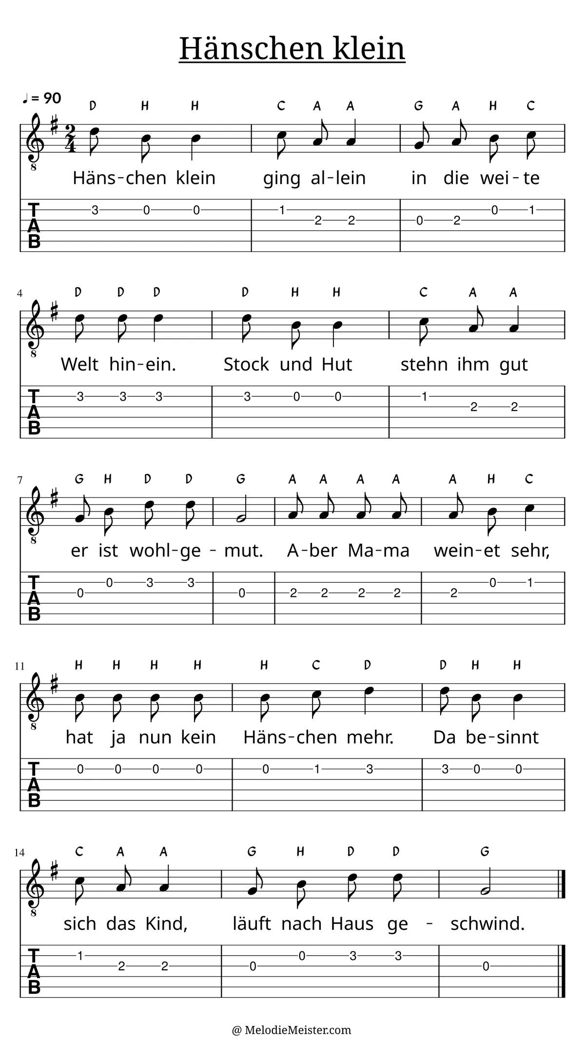 Hänschen klein – Noten für Gitarre mit Tabulatur und Text zum Kinderlied, geeignet für Anfänger