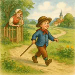 Ein kleiner Junge mit Stock und Hut wandert fröhlich einen Weg entlang, während seine Mutter ihm am Gartenzaun traurig nachblickt; im Hintergrund liegt ein idyllisches Dorf in freundlicher Landschaft.