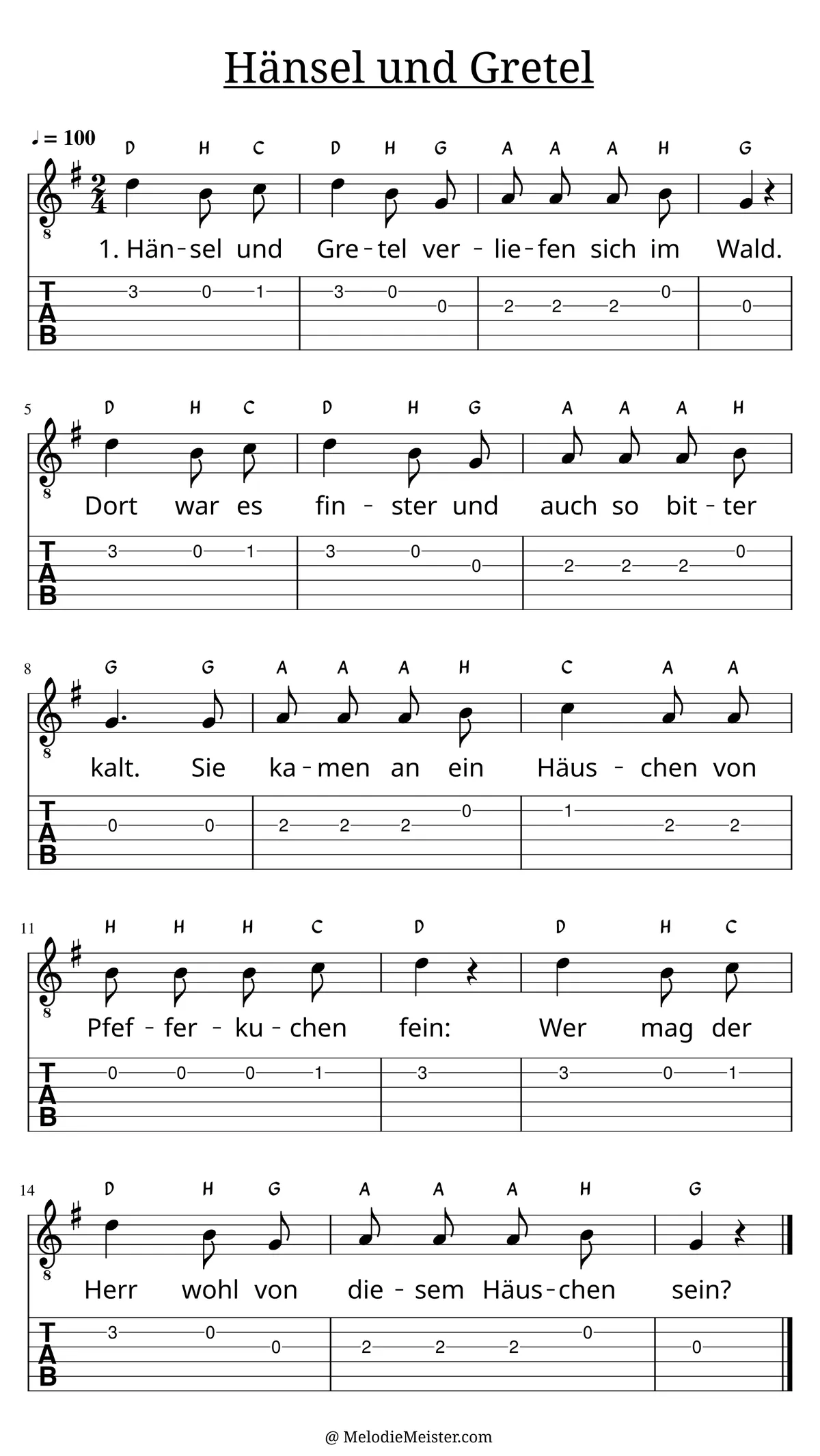 Hänsel und Gretel verliefen sich im Wald – Noten für Gitarre mit Tabulatur und Text zum Kinderlied, geeignet für Anfänger