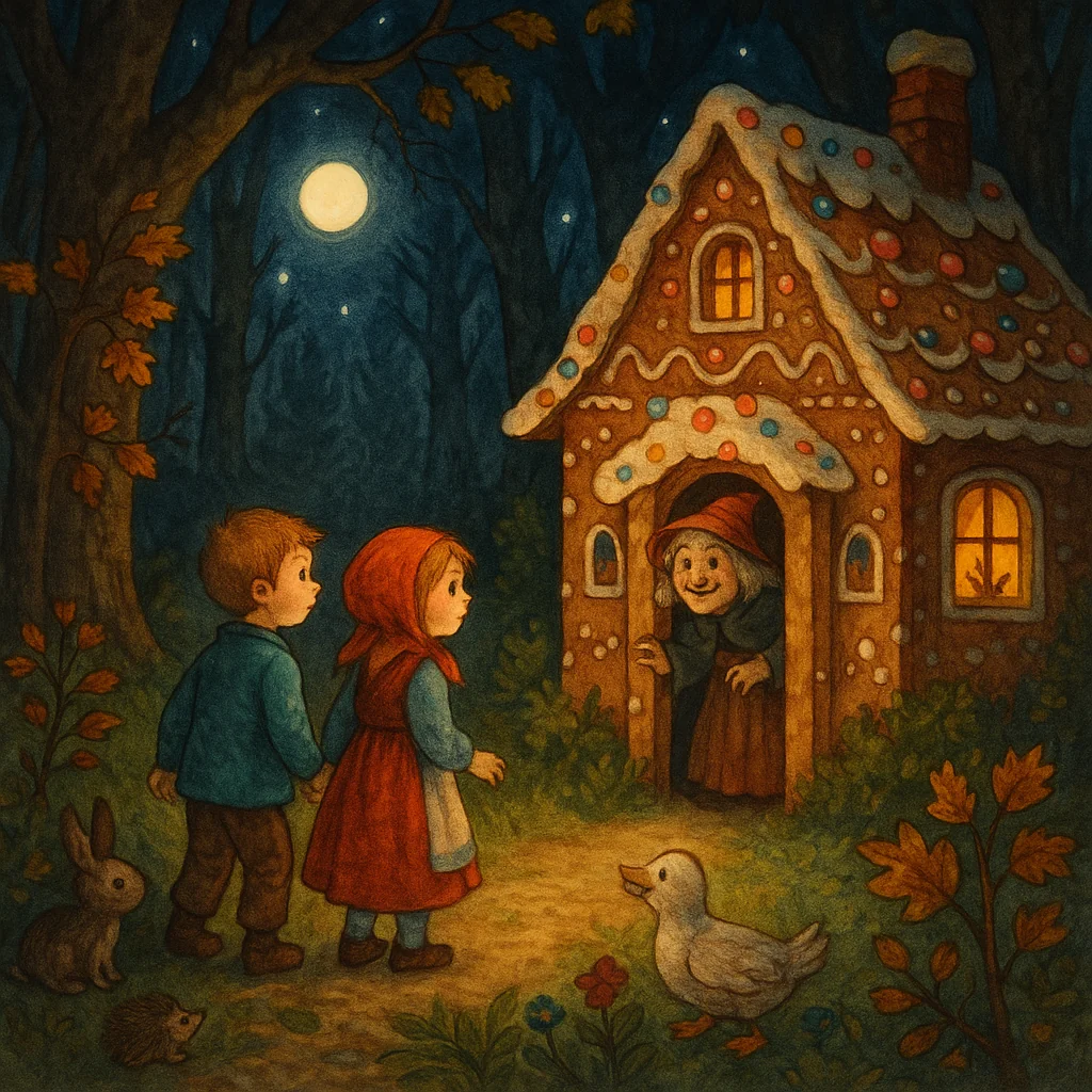 Hänsel und Gretel stehen am Waldrand vor einem Pfefferkuchenhaus, aus der Tür schaut eine Hexe, der Wald ist dunkel, die Szene wirkt märchenhaft und ein wenig geheimnisvoll.