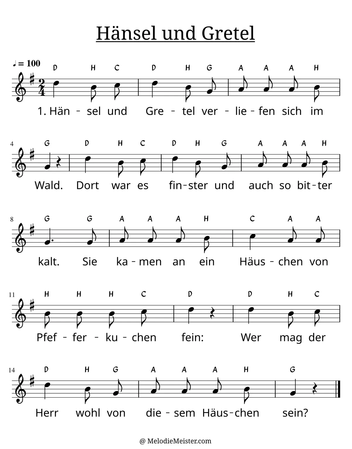 Notenblatt „Hänsel und Gretel verliefen sich im Wald“. Einstimmige Melodie im Violinschlüssel, G-Dur, 2/4-Takt, mit der 1. Strophe des Liedtextes.