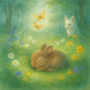 Ein kleines Häschen schläft zusammengerollt in einer blühenden Wiese, bunte Blumen und ein Schmetterling umgeben es, im Hintergrund schaut ein Hund neugierig hervor; die Szene ist zart und freundlich.