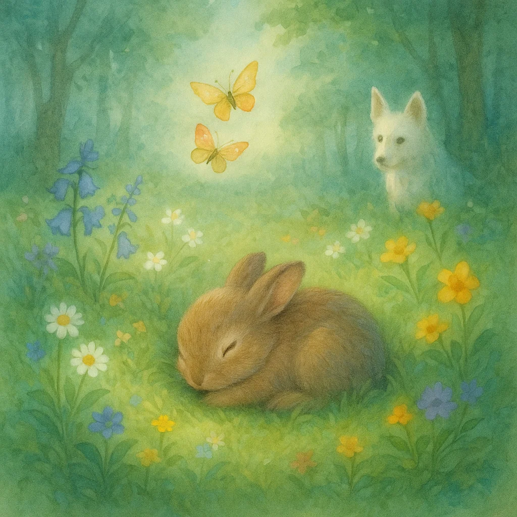 Ein kleines Häschen schläft zusammengerollt in einer blühenden Wiese, bunte Blumen und ein Schmetterling umgeben es, im Hintergrund schaut ein Hund neugierig hervor; die Szene ist zart und freundlich.