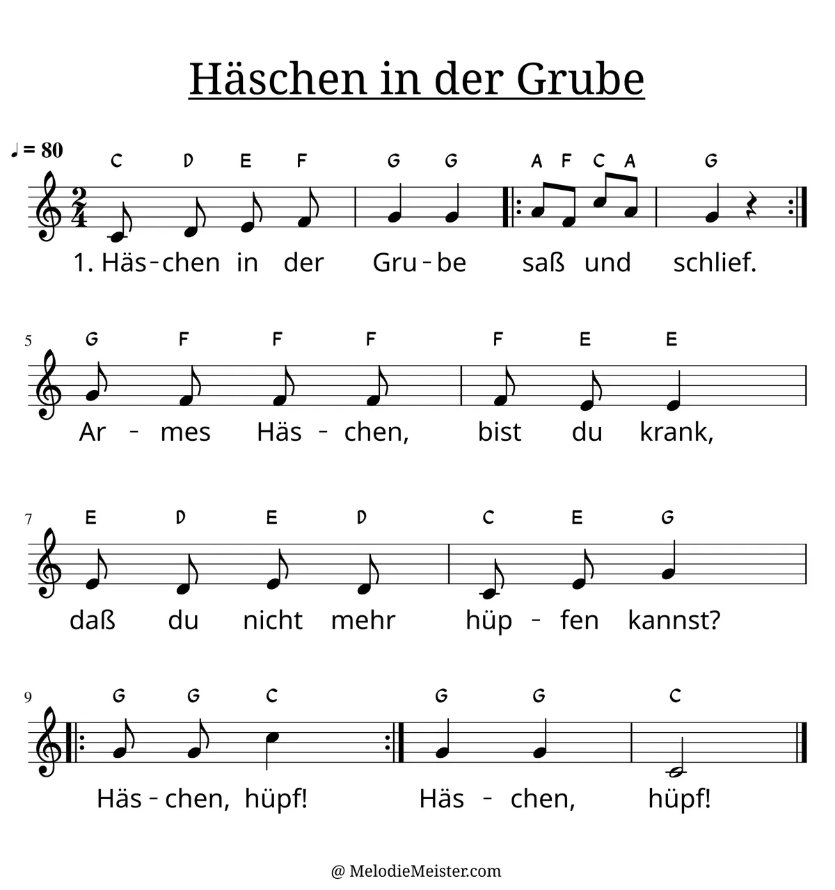 Notenblatt „Häschen in der Grube“. Einstimmige Melodie im Violinschlüssel, C-Dur, 2/4-Takt, mit der 1. Strophe des Liedtextes.