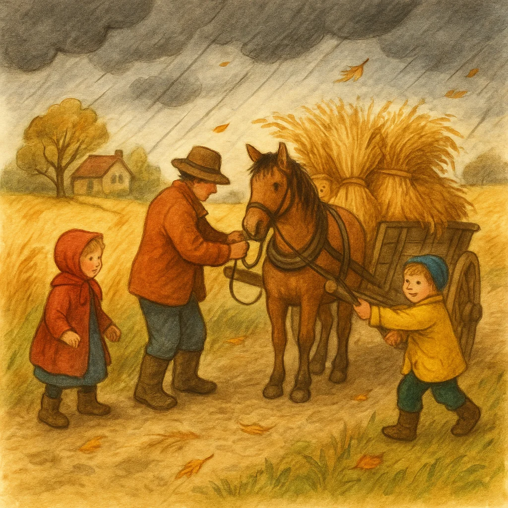 Zwei Kinder und ein Erwachsener spannen auf einem herbstlichen Feldweg einen Holz-Wagen mit goldenen Getreidegarben an, dunkle Regenwolken und Wind wehen über das Feld, die Szene wirkt lebendig und ländlich.