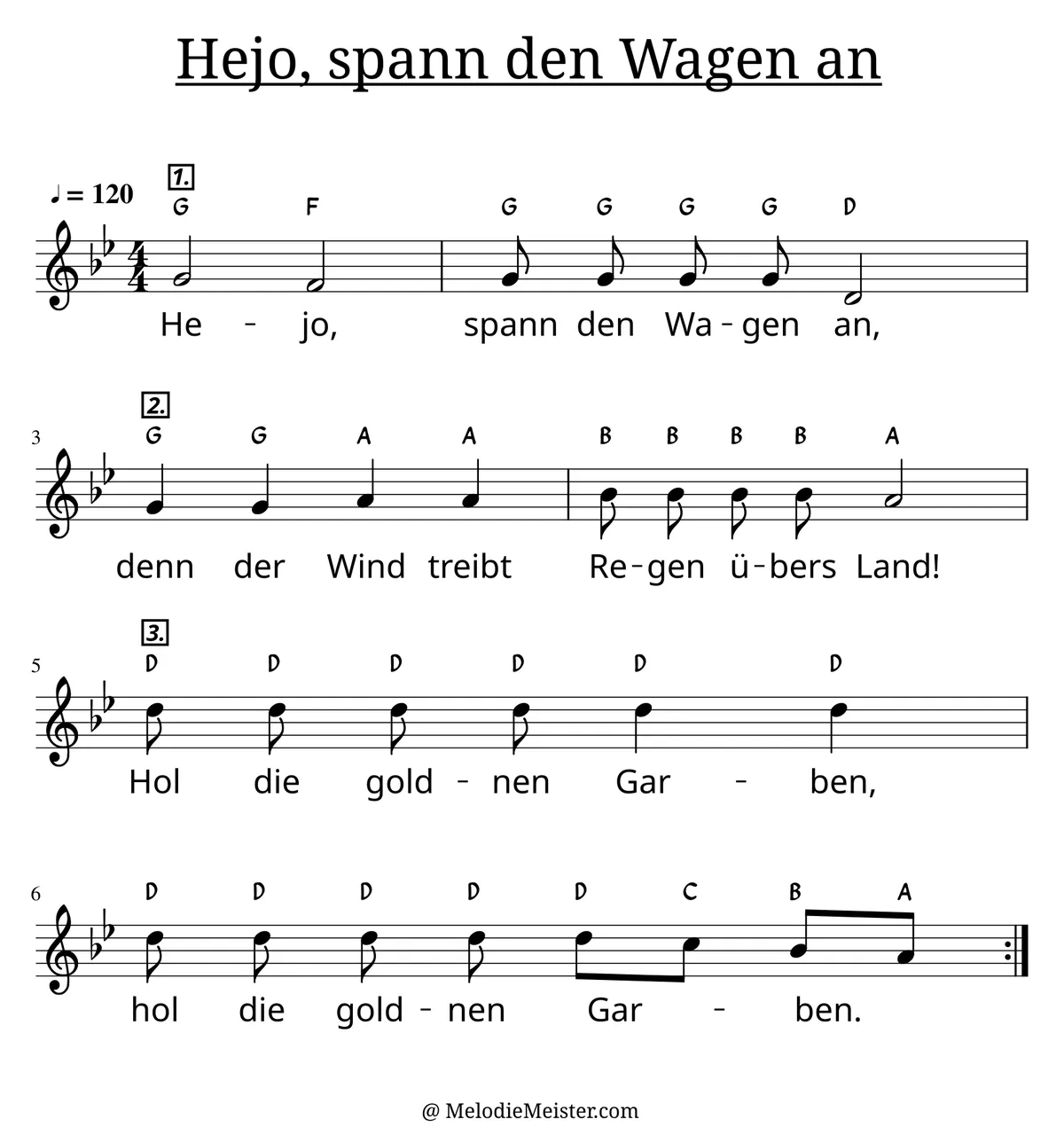 Notenblatt „Hejo, spann den Wagen an (Kanon)“. Einstimmige Melodie im Violinschlüssel, B-Dur, 4/4-Takt, mit der 1. Strophe des Liedtextes.