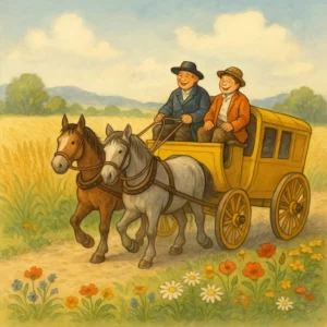 Ein gelber Pferdewagen mit Kutscher und Passagier fährt fröhlich durch blühende Sommerfelder, Pferde traben, die Sonne scheint und goldene Ähren wiegen sich im Wind.