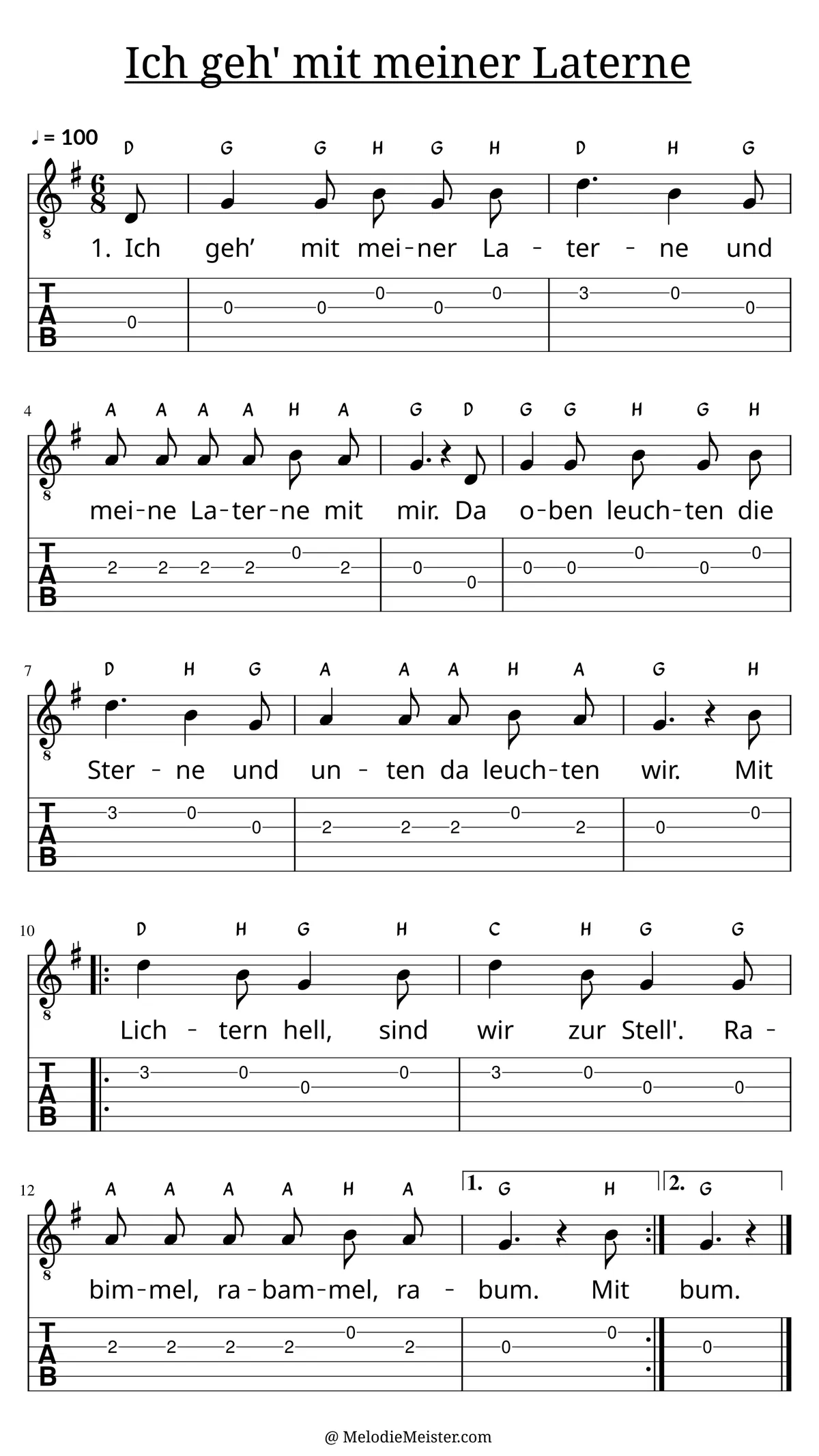 Ich geh mit meiner Laterne – Noten für Gitarre mit Tabulatur und Text zum Kinderlied, geeignet für Anfänger