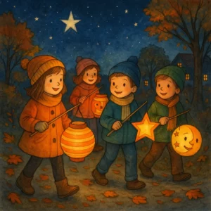 Kinder spazieren am Abend mit bunten, leuchtenden Laternen durch eine herbstliche Landschaft; über ihnen funkeln Sterne am dunklen Himmel, bunte Blätter liegen am Weg.