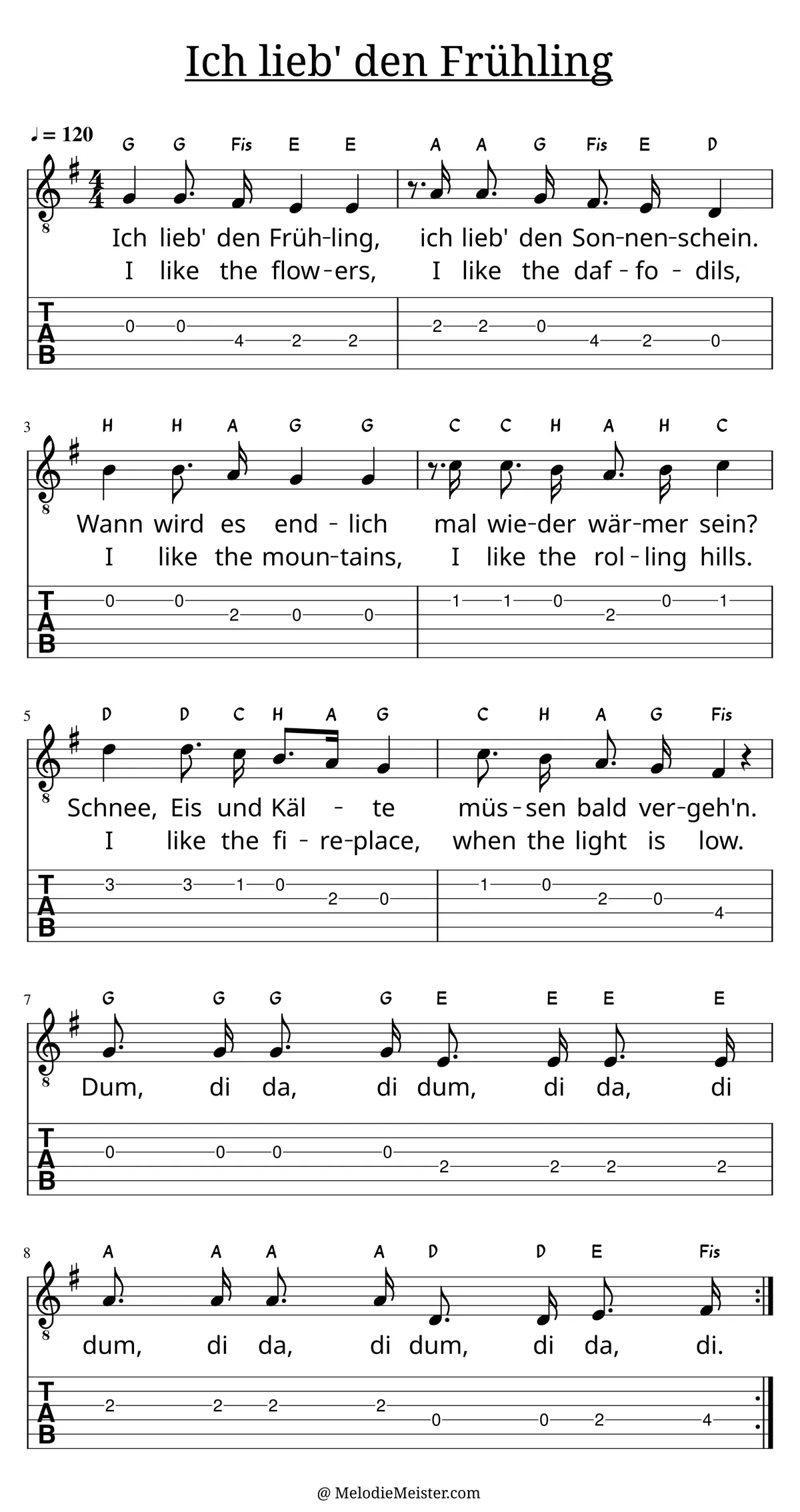 Ich lieb den Frühling (I like the flowers) – Noten für Gitarre mit Tabulatur und Text zum Mix, geeignet für Anfänger