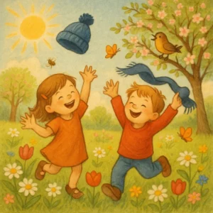 Zwei lachende Kinder spielen auf einer blühenden Frühlingswiese, werfen ihre Wintermützen in die Luft, während die Sonne scheint, Bienen und Schmetterlinge umherschwirren.