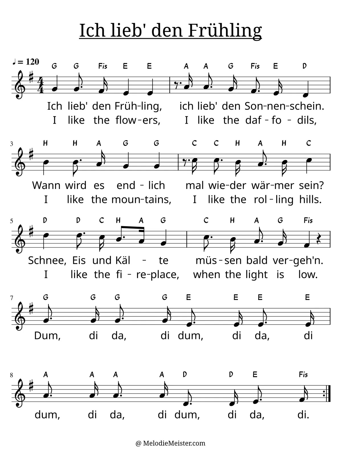 Notenblatt „Ich lieb den Frühling (I like the flowers)“. Einstimmige Melodie im Violinschlüssel, G-Dur, 4/4-Takt, mit der 1. Strophe des Liedtextes.