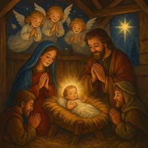 Weihnachtskrippenszene mit dem Jesuskind in der Krippe, umgeben von Maria, Josef, knienden Hirten und einem jubelnden Engelchor über dem Stall.