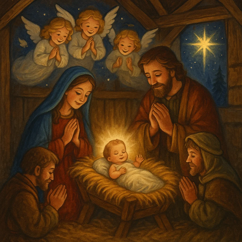 Weihnachtskrippenszene mit dem Jesuskind in der Krippe, umgeben von Maria, Josef, knienden Hirten und einem jubelnden Engelchor über dem Stall.