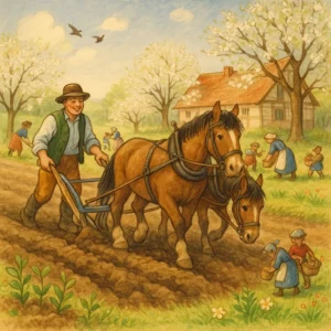 Ein Bauer pflügt mit zwei Pferden ein Feld im Frühling, Knechte und Mägde helfen fleißig, Obstbäume blühen, Kinder bringen Verpflegung, die Szene ist lebendig und fröhlich.