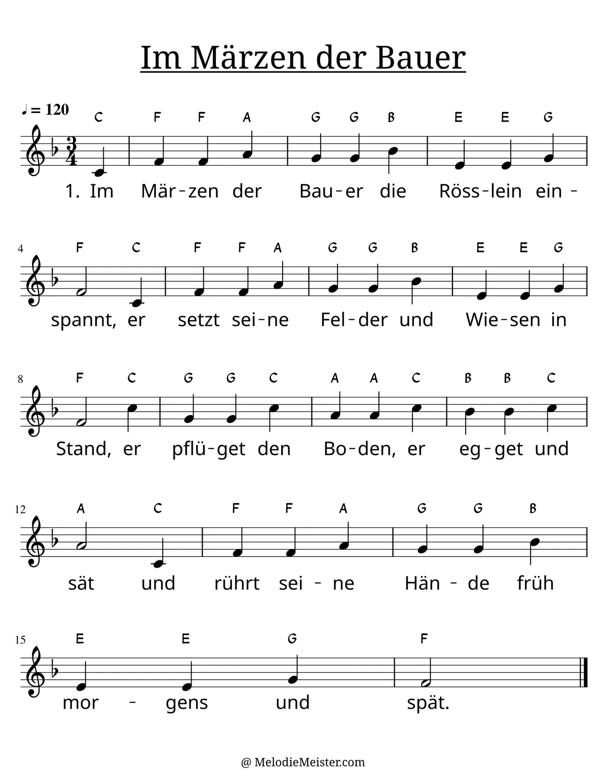 Notenblatt „Im Märzen der Bauer“. Einstimmige Melodie im Violinschlüssel, F-Dur, 3/4-Takt, mit der 1. Strophe des Liedtextes.