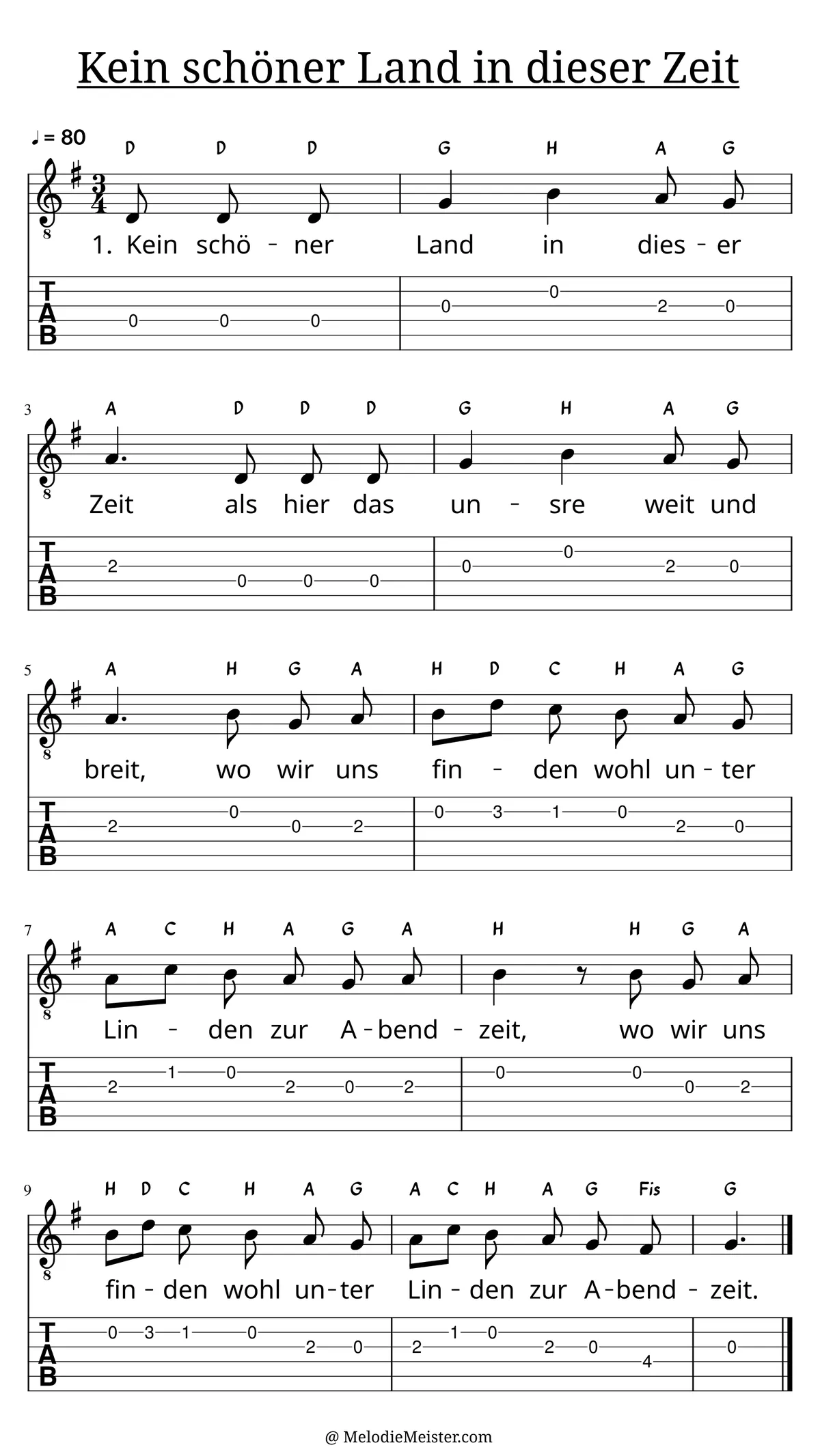 Kein schöner Land in dieser Zeit – Noten für Gitarre mit Tabulatur und Text zum Volkslied, geeignet für Anfänger