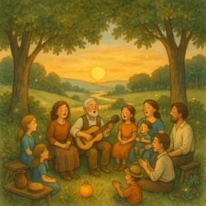 Eine fröhliche Runde sitzt unter Lindenbäumen am Abend, singt und musiziert, die Sonne geht unter, Wiesen und Eichenhain bilden eine friedliche Kulisse.