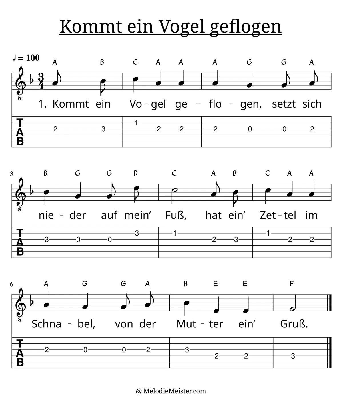 Kommt ein Vogel geflogen – Noten für Gitarre mit Tabulatur und Text zum Volkslied, geeignet für Anfänger