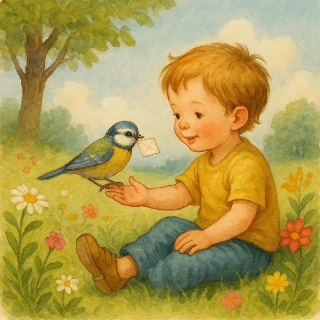 Ein Kind sitzt auf einer bunten Wiese, ein Vogel mit einem Brief im Schnabel landet auf seinem Fuß, die Szene wirkt liebevoll und verträumt.