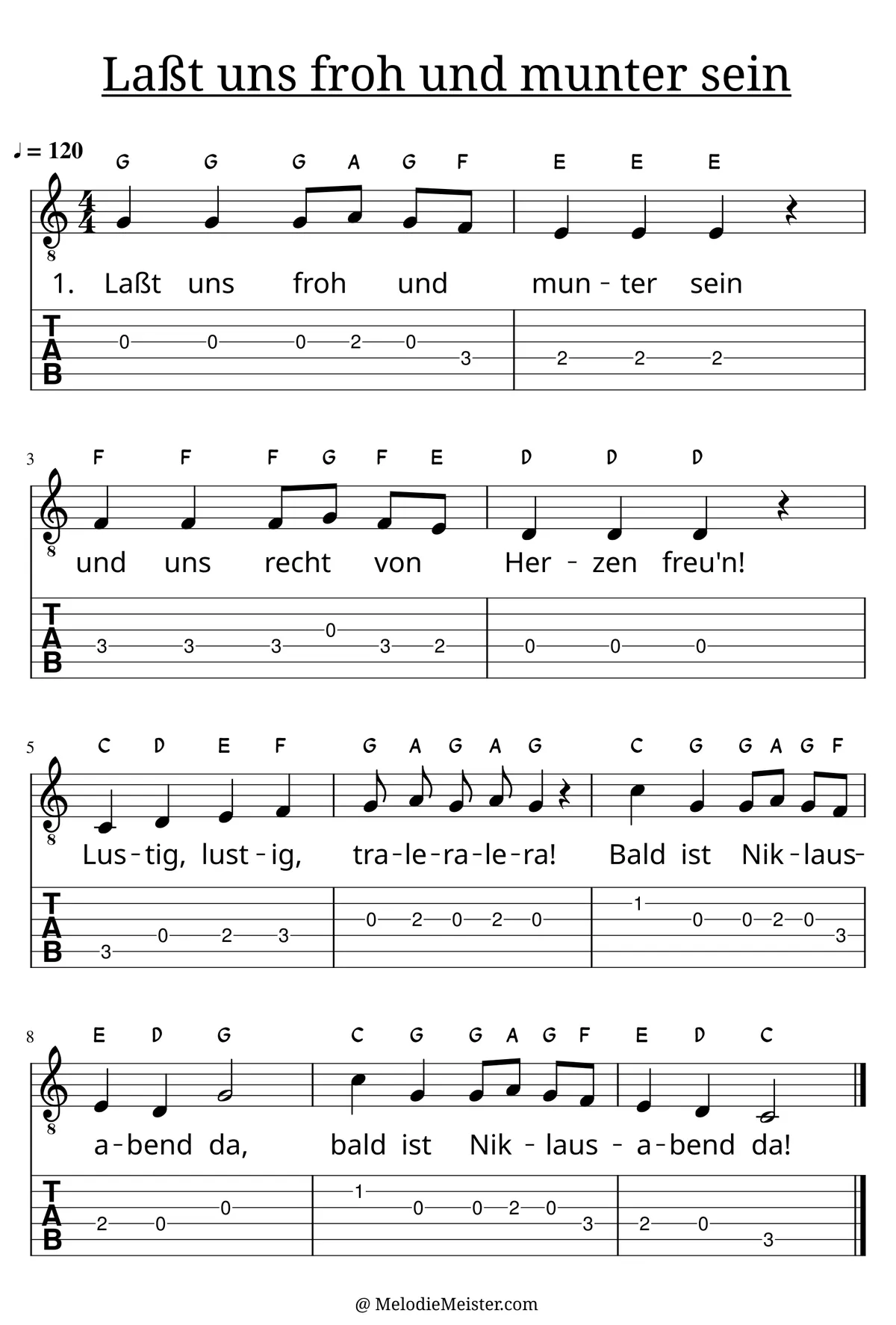 Lasst uns froh und munter sein – Noten für Gitarre mit Tabulatur und Text zum Weihnachtslieder Adventslied, geeignet für Anfänger