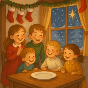 Kinder stehen fröhlich und erwartungsvoll um einen Tisch mit einem Nikolausteller, im Hintergrund winterliche Dekoration und festliche Stimmung.