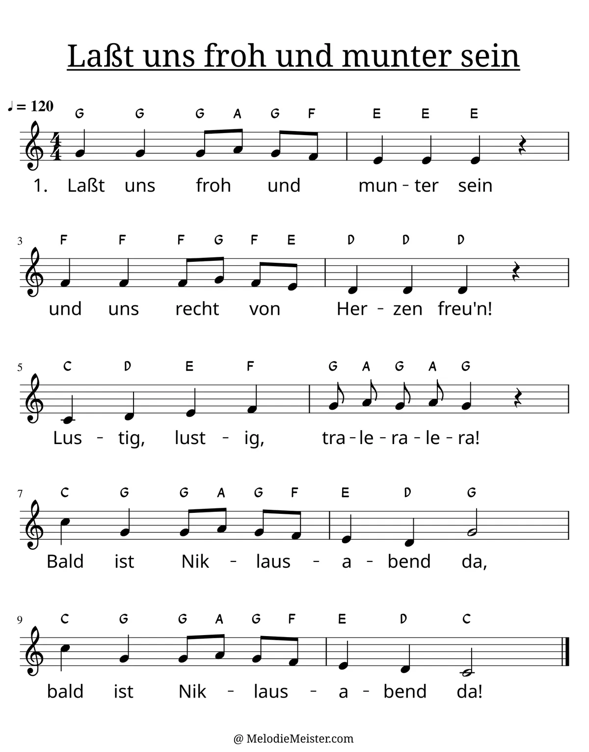 Notenblatt „Lasst uns froh und munter sein“. Einstimmige Melodie im Violinschlüssel, C-Dur, 4/4-Takt, mit der 1. Strophe des Liedtextes.