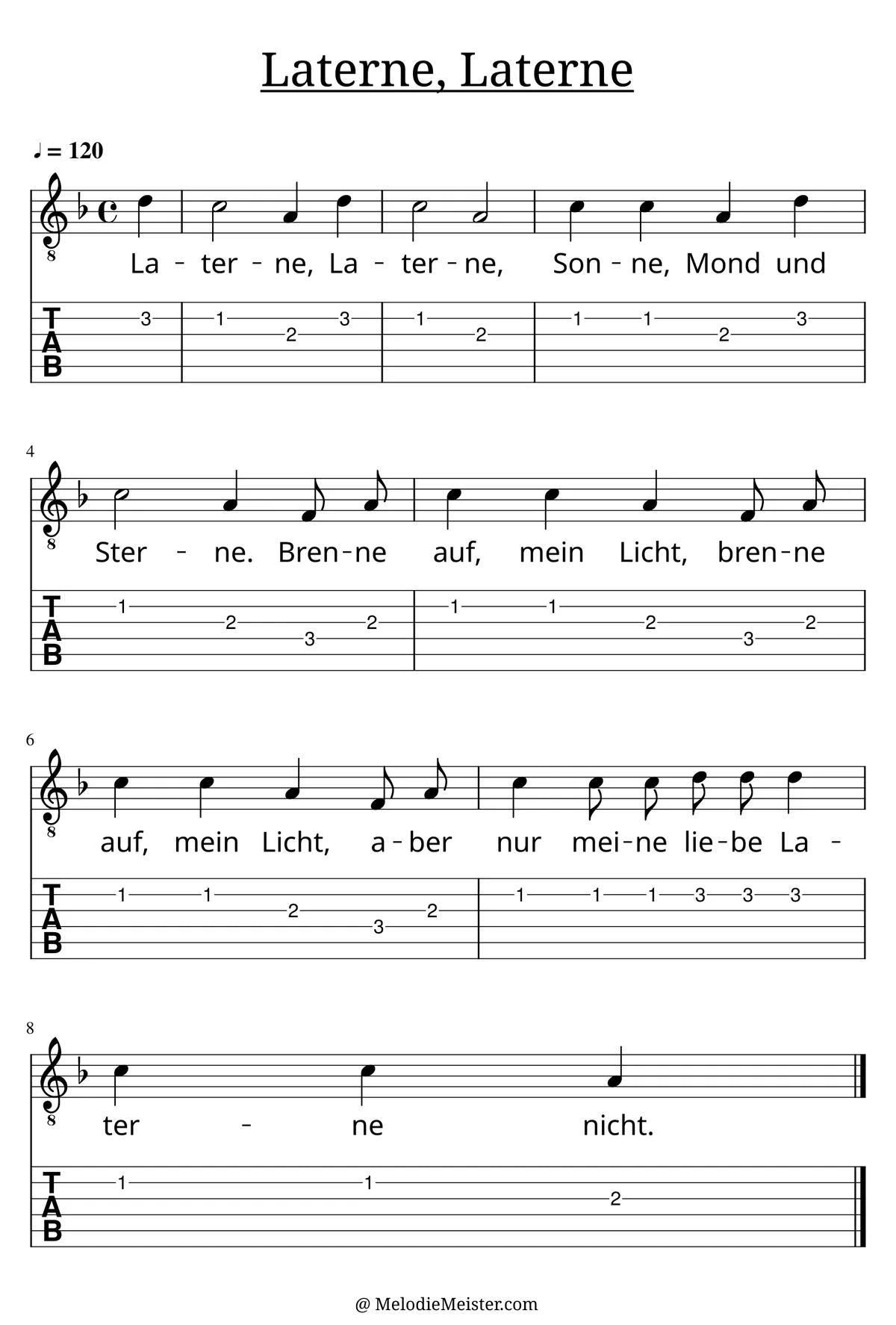Laterne, Laterne, Sonne, Mond und Sterne – Noten für Gitarre mit Tabulatur und Text zum Kinderlied, geeignet für Anfänger
