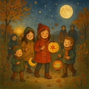 Kinder mit bunten Laternen gehen abends einen Weg entlang, am Himmel leuchten Sonne, Mond und Sterne, die Szene wirkt warm und stimmungsvoll.