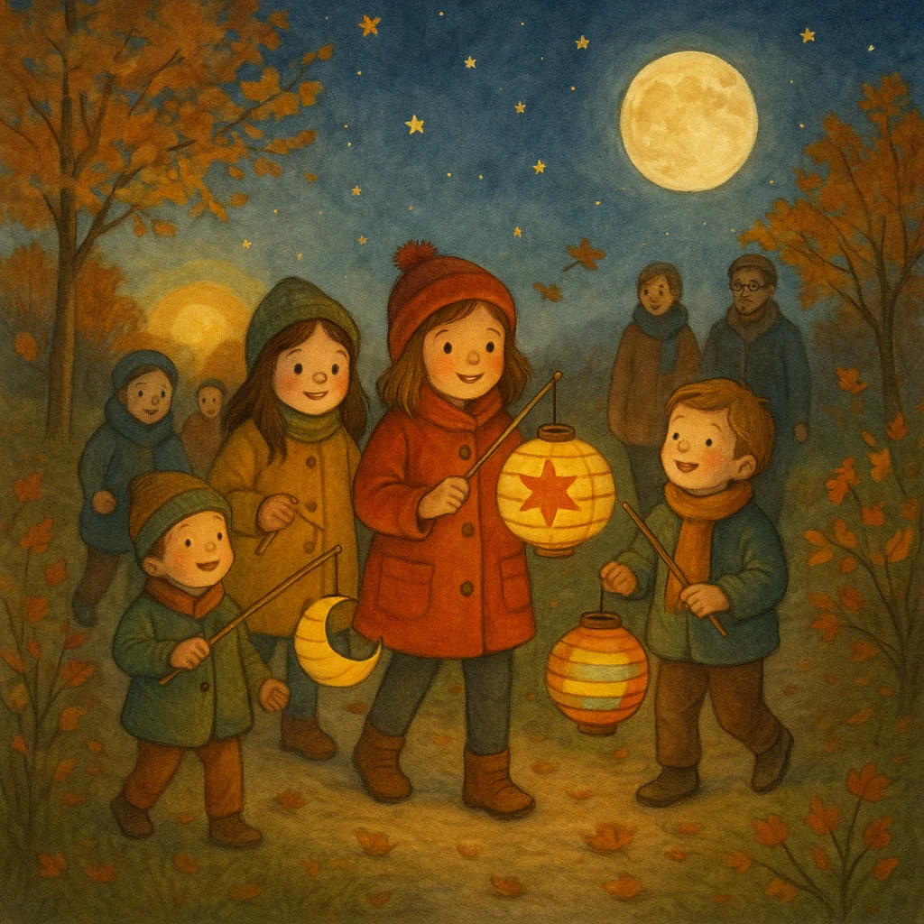 Kinder mit bunten Laternen gehen abends einen Weg entlang, am Himmel leuchten Sonne, Mond und Sterne, die Szene wirkt warm und stimmungsvoll.