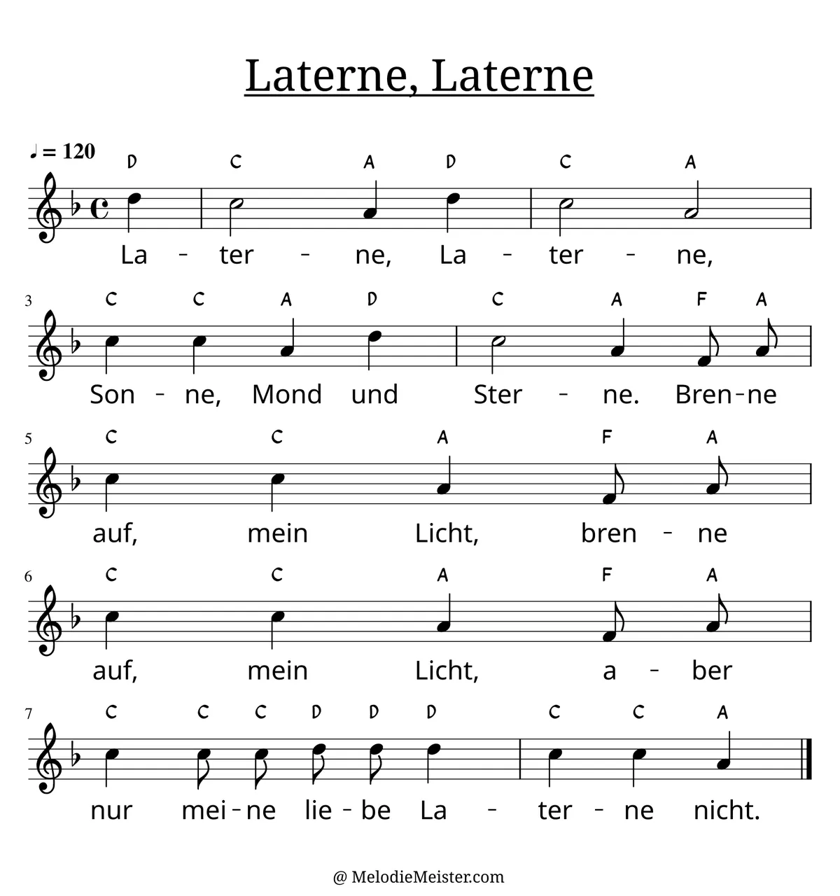 Notenblatt „Laterne, Laterne, Sonne, Mond und Sterne“. Einstimmige Melodie im Violinschlüssel, F-Dur, 4/4-Takt, mit der 1. Strophe des Liedtextes.