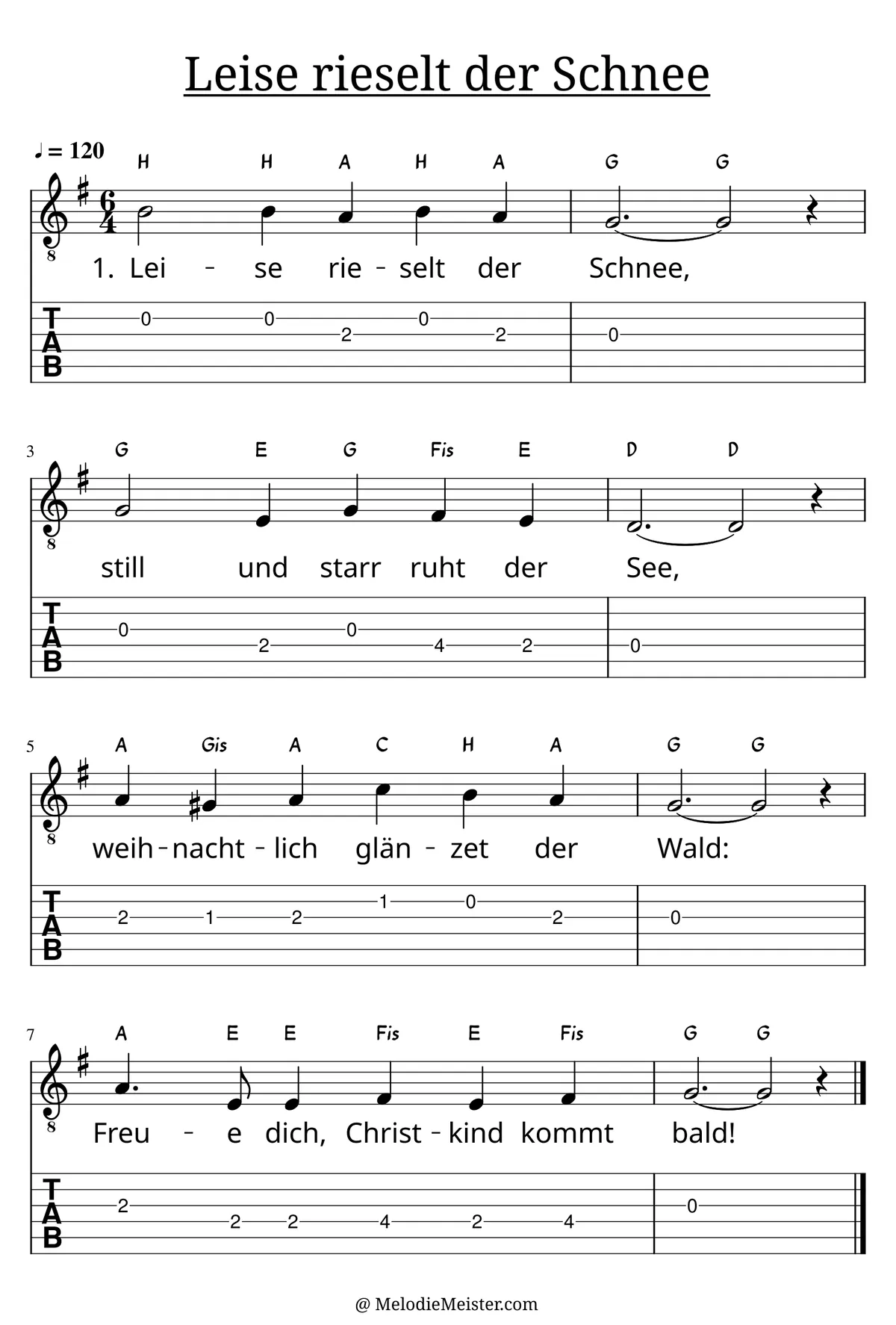 Leise rieselt der Schnee – Noten für Gitarre mit Tabulatur und Text zum Weihnachtslieder Adventslied, geeignet für Anfänger