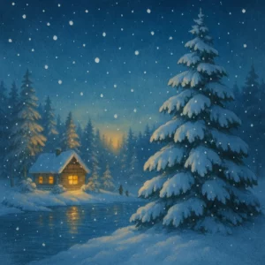 Verschneiter See mit glitzerndem Tannenwald, leise fallende Schneeflocken und warm leuchtende Lichter im Hintergrund sorgen für eine festliche Winterstimmung.