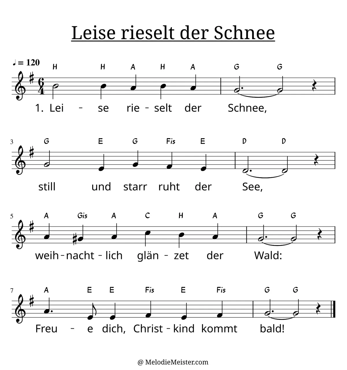 Notenblatt „Leise rieselt der Schnee“. Einstimmige Melodie im Violinschlüssel, G-Dur, 6/4-Takt, mit der 1. Strophe des Liedtextes.